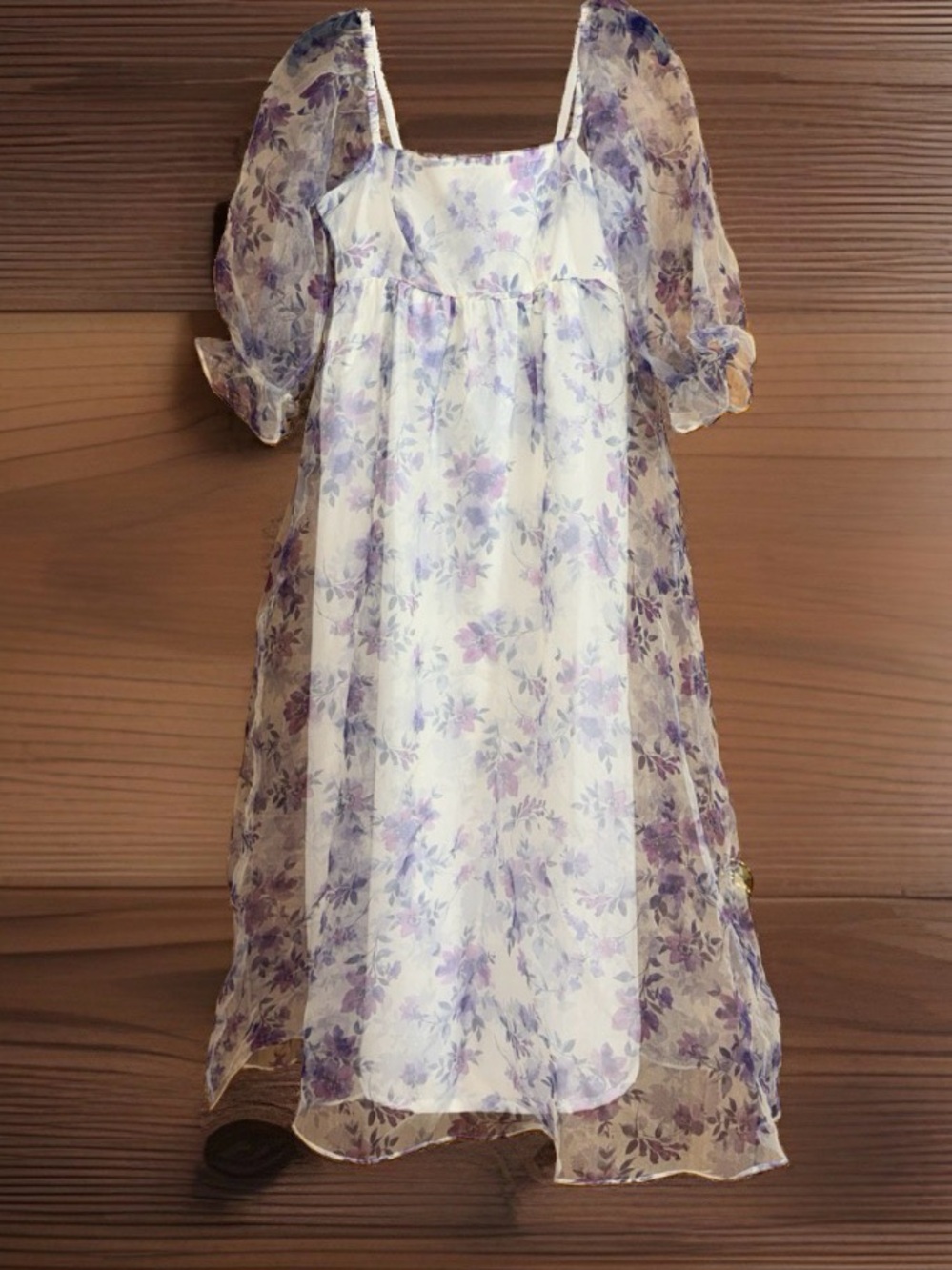 Evolutionary App. Women’s Lavender Floral Puff-Sleeve Midi Dress-M-EC